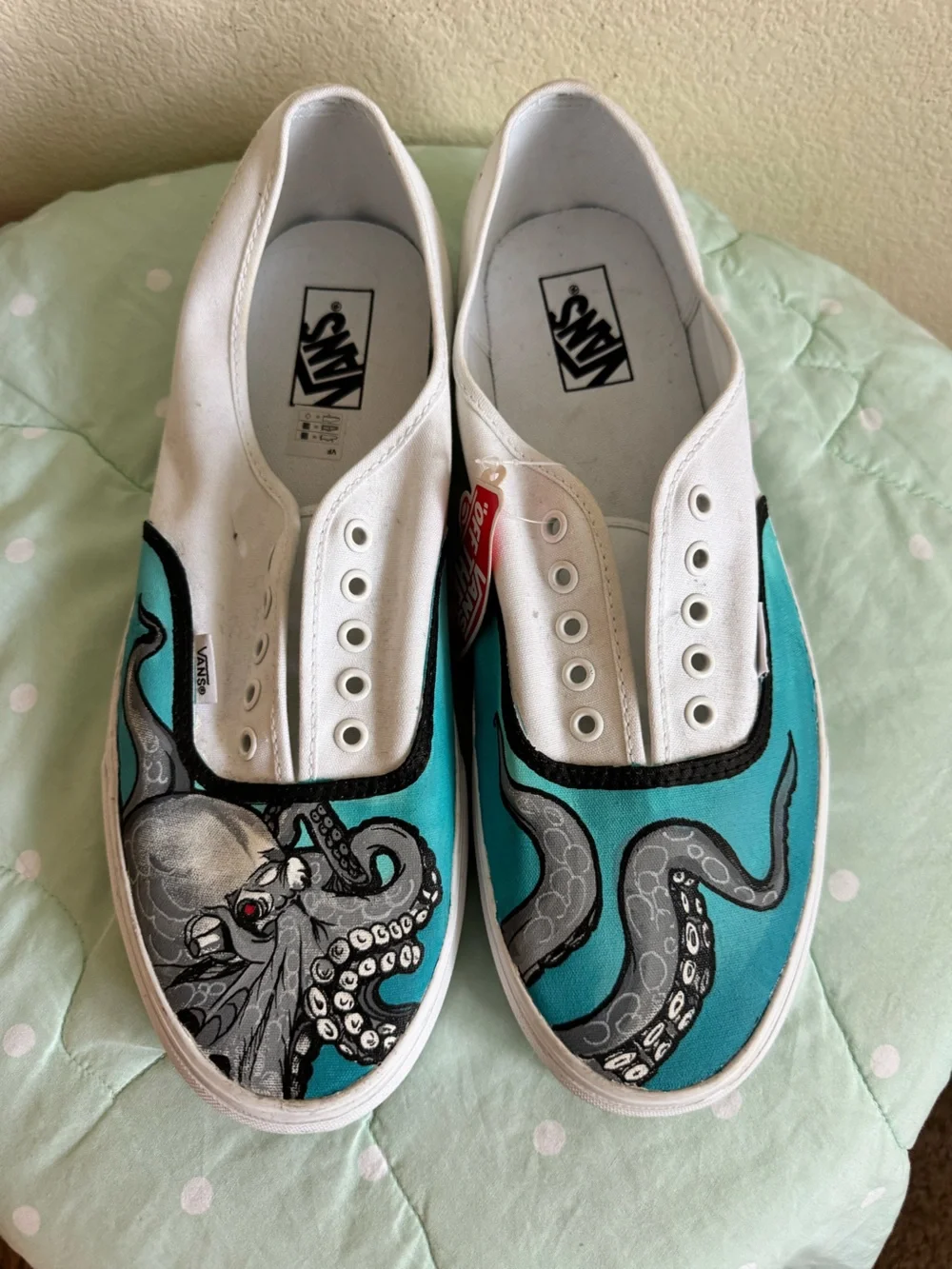 NEW Custom Painted Vans White Slip-On Sneakers with Teal Octopus Design size 13